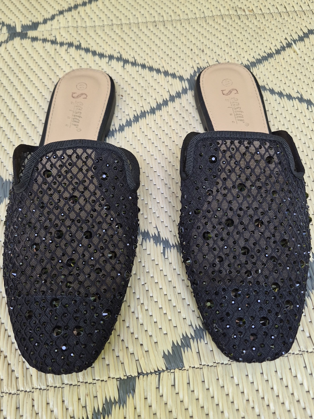Seastar Embellished Black Mesh Slip-On Women's Mules